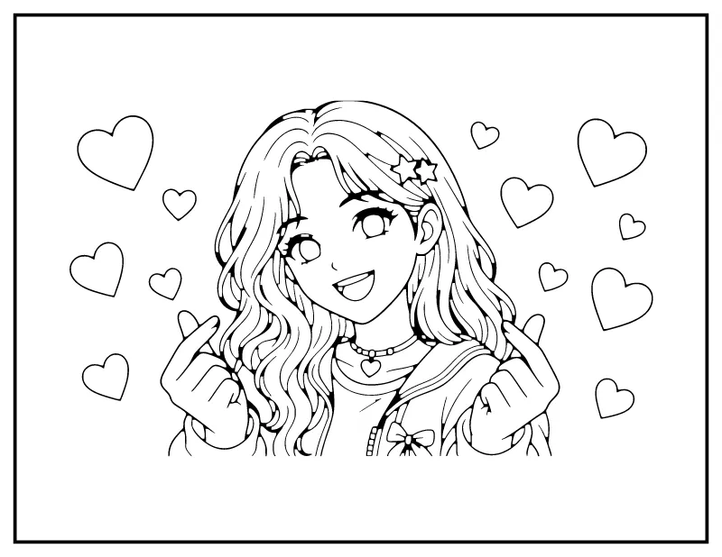 Idol Making Finger Hearts coloring page – printable black and white line art