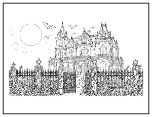 Intricate Victorian Haunted Mansion for Adults coloring page – printable line art