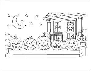 Jack-o-Lanterns on the Porch Steps coloring page – printable line art