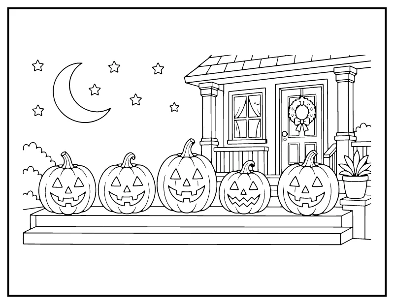 Jack-o-Lanterns on the Porch Steps coloring page – printable black and white line art