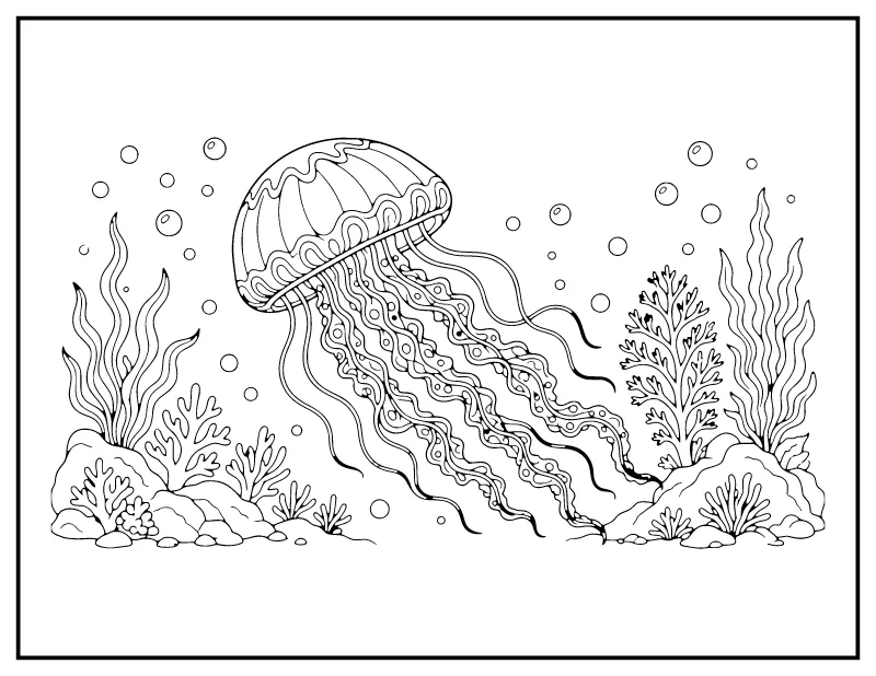 Jellyfish in the Deep Sea coloring page – printable black and white line art