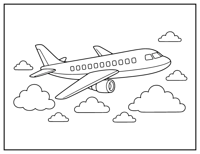 Jet Airliner in the Clouds coloring page – printable black and white line art