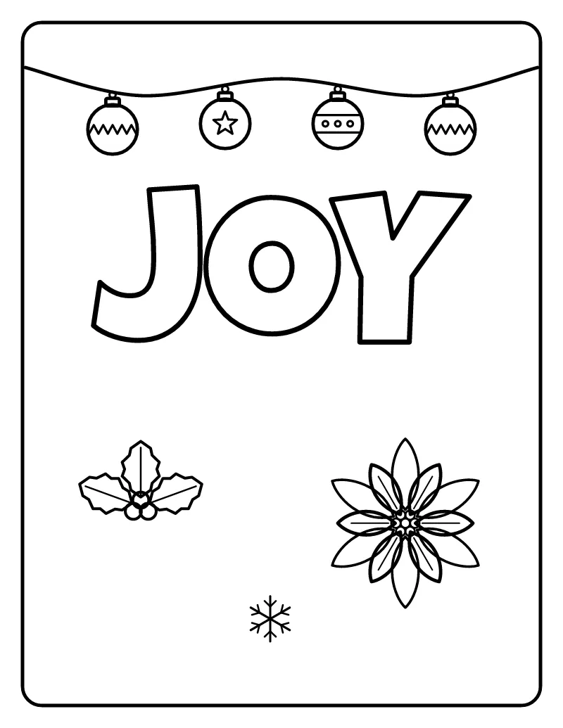 Joy Lettering with Ornaments coloring page – printable black and white line art