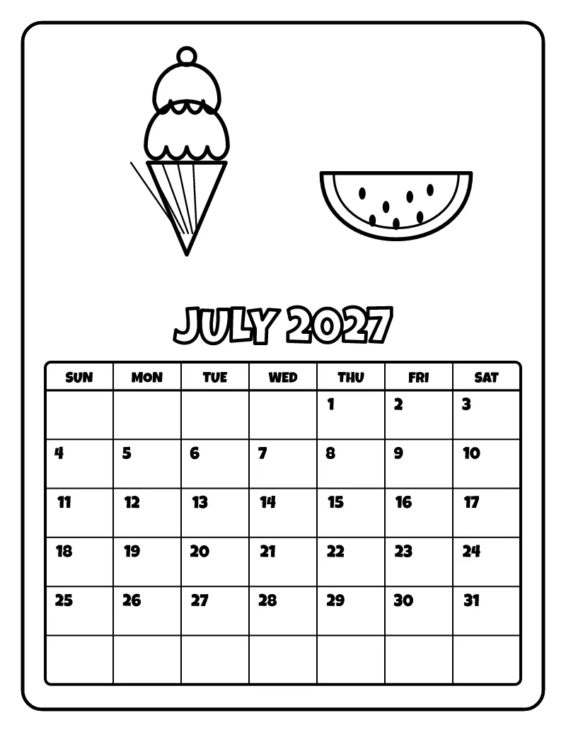 July 2027 Calendar coloring page – printable black and white line art