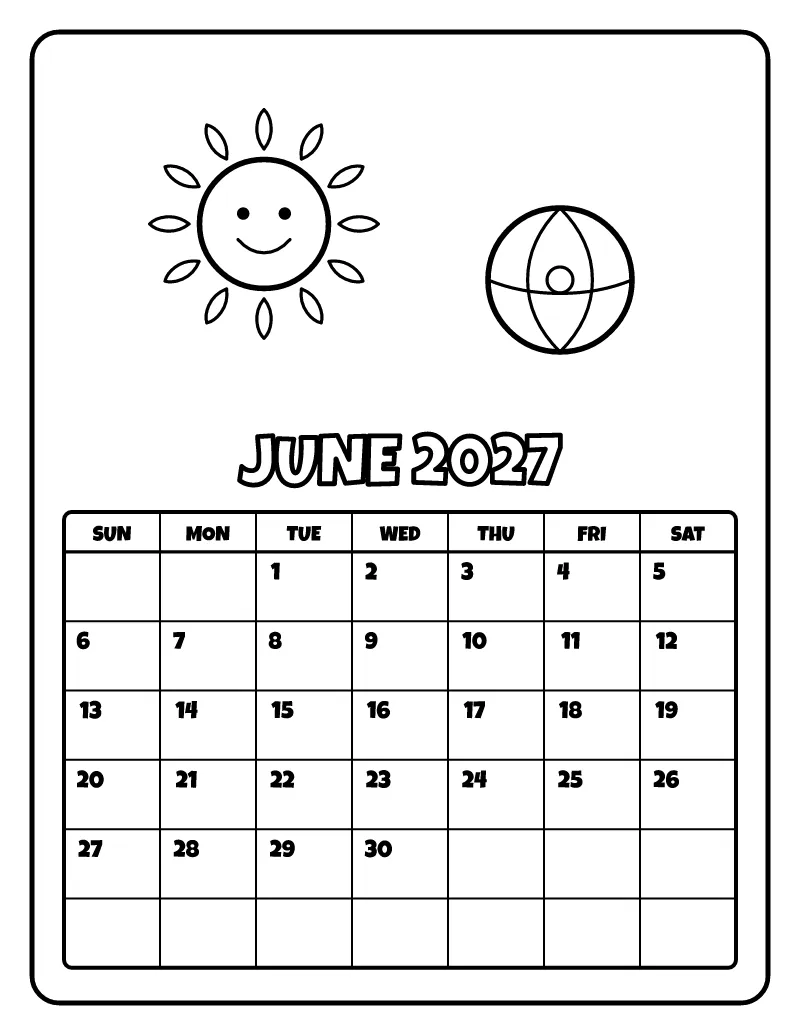 June 2027 Calendar coloring page – printable black and white line art