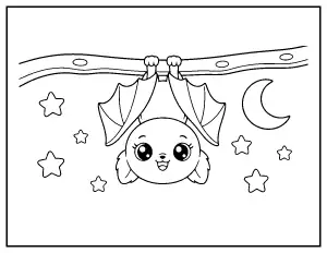 Kawaii Bat Hanging Upside Down coloring page – printable line art