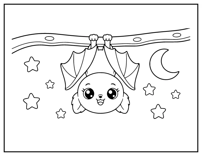 Kawaii Bat Hanging Upside Down coloring page – printable black and white line art