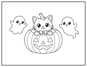 Kawaii Black Cat in a Pumpkin coloring page – printable line art