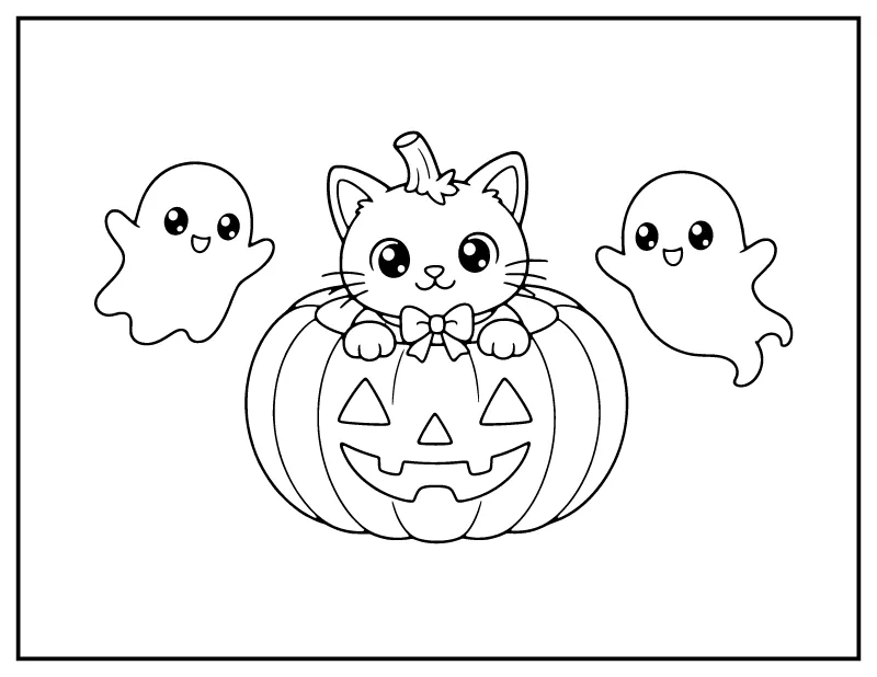 Kawaii Black Cat in a Pumpkin coloring page – printable black and white line art