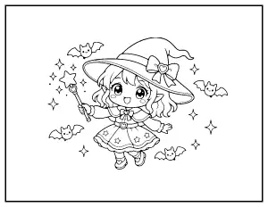Kawaii Chibi Witch coloring page – printable line art