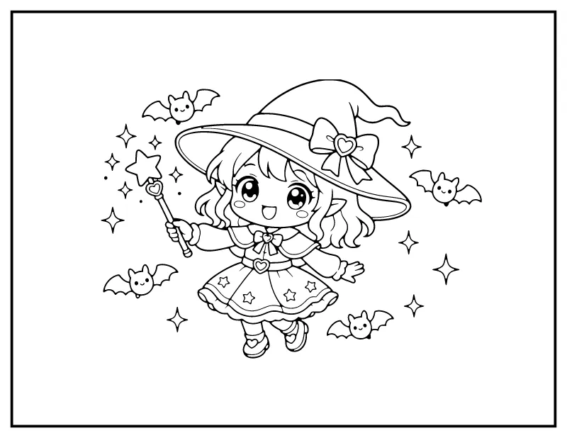 Kawaii Chibi Witch coloring page – printable black and white line art