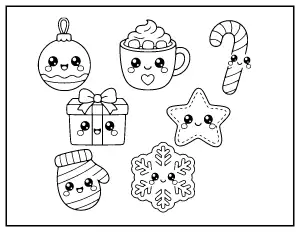 Kawaii Christmas Doodles coloring page – printable line art