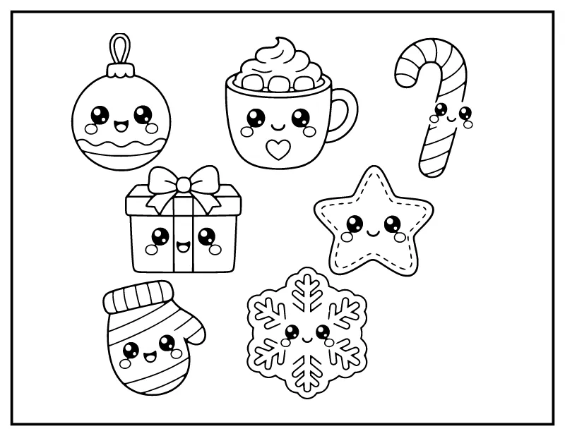 Kawaii Christmas Doodles coloring page – printable black and white line art