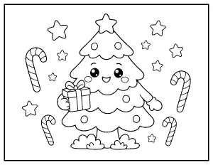 Kawaii Christmas Tree with a Present coloring page – printable line art