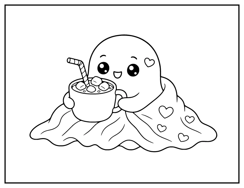 Kawaii Ghost with Hot Cocoa coloring page – printable black and white line art