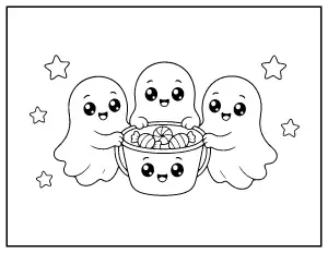 Kawaii Ghost Trio coloring page – printable line art