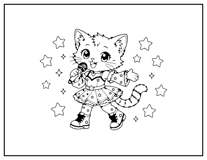 Kawaii Idol Cat coloring page – printable black and white line art