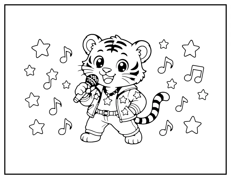 Kawaii Tiger Cub Idol coloring page – printable black and white line art