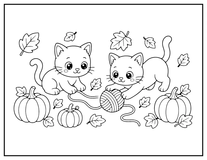 Kawaii Kittens with Yarn and Pumpkins coloring page – printable black and white line art