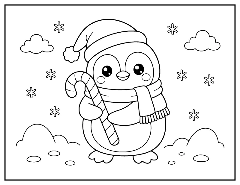 Kawaii Penguin in a Santa Hat with a Candy Cane coloring page – printable black and white line art