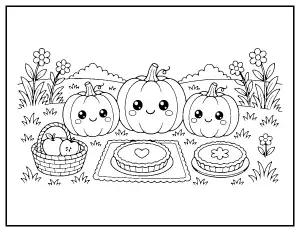 Kawaii Pumpkin Picnic coloring page – printable line art