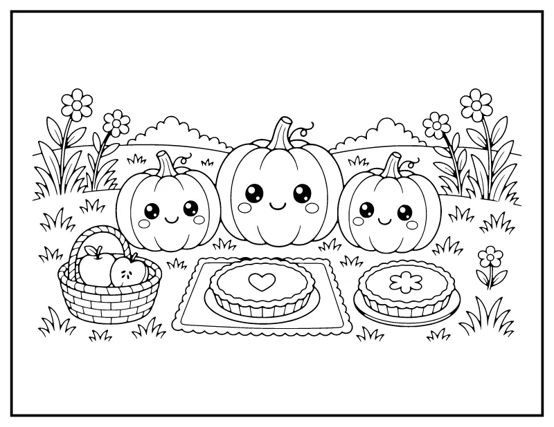 Kawaii Pumpkin Picnic coloring page – printable black and white line art