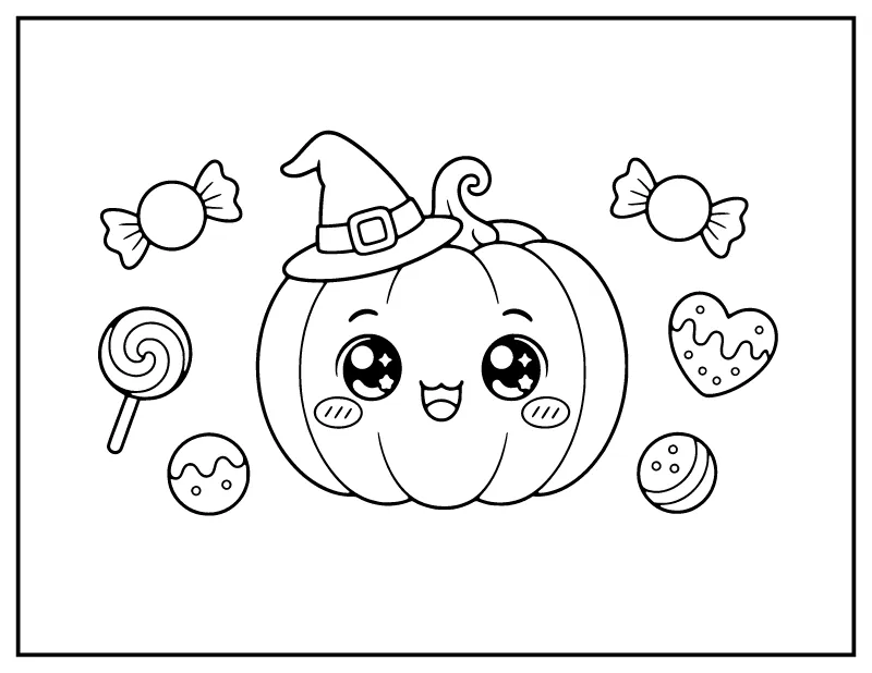 Kawaii Pumpkin in a Witch Hat coloring page – printable black and white line art