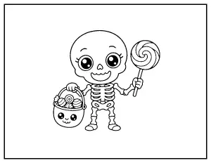 Kawaii Skeleton with Candy coloring page – printable line art