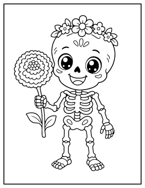 Kawaii Skeleton with a Marigold coloring page – printable line art