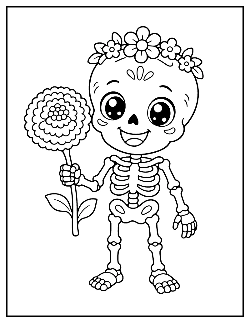 Kawaii Skeleton with a Marigold coloring page – printable black and white line art
