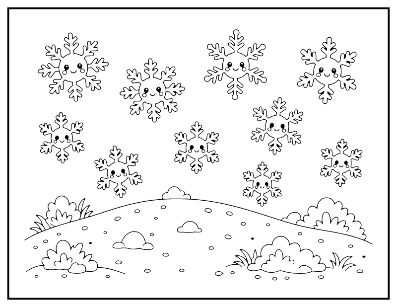 Kawaii Snowflakes coloring page – printable black and white line art