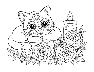 Kawaii Sugar Skull Kitten coloring page – printable line art