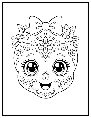 Kawaii Smiling Sugar Skull coloring page – printable line art