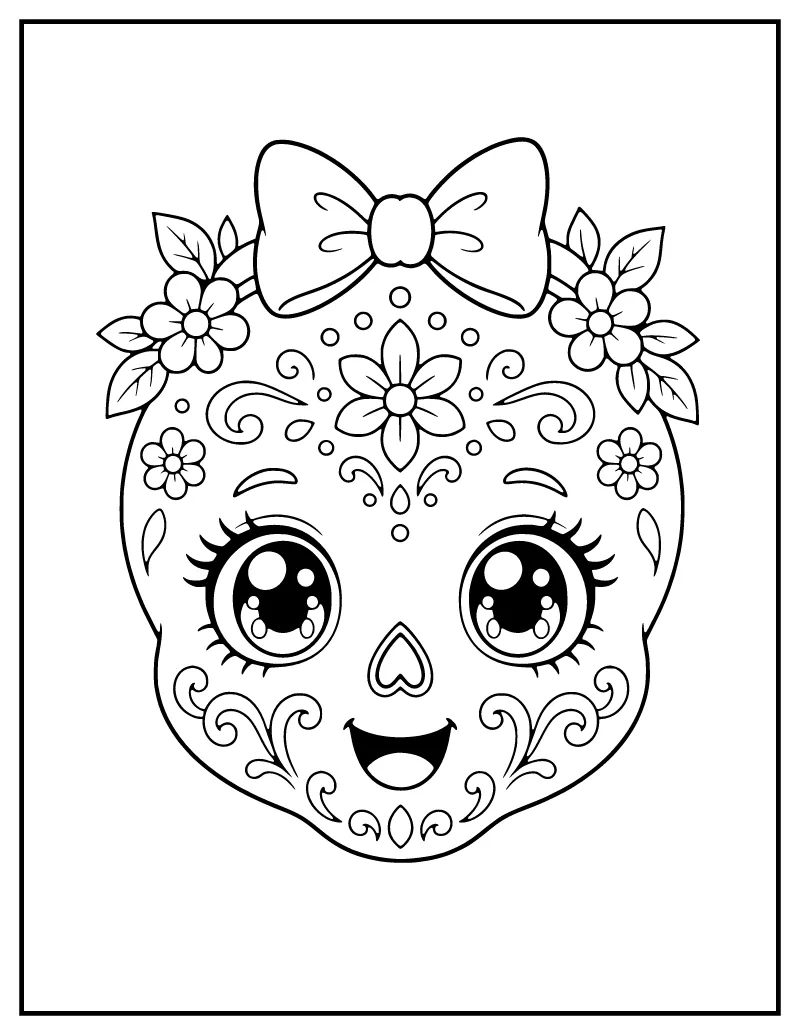 Kawaii Smiling Sugar Skull coloring page – printable black and white line art