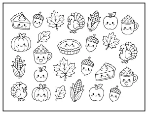 Kawaii Thanksgiving Doodles coloring page – printable line art