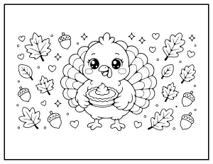 Kawaii Turkey with Pie coloring page – printable line art