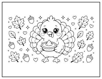 Kawaii Turkey with Pie coloring page – printable line art