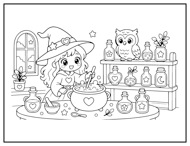 Kawaii Witch Potion Shop coloring page – printable black and white line art