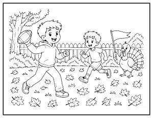 Kids Playing Backyard Thanksgiving Football coloring page – printable line art