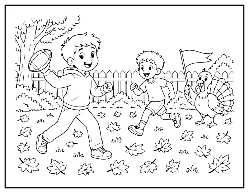 Kids Playing Backyard Thanksgiving Football coloring page – printable black and white line art