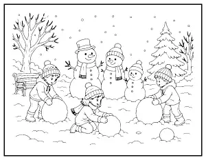 Kids Building a Snowman Family coloring page – printable line art