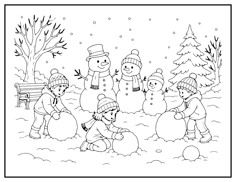 Kids Building a Snowman Family coloring page – printable black and white line art