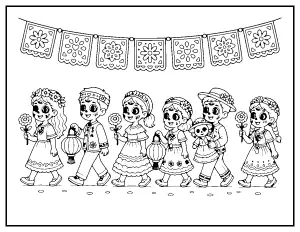 Kids Day of the Dead Parade coloring page – printable line art