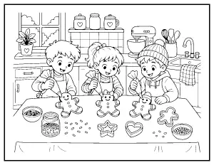 Kids Decorating Gingerbread Cookies coloring page – printable line art