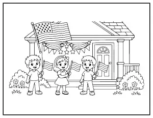 Kids with Flags on the Front Porch coloring page – printable line art