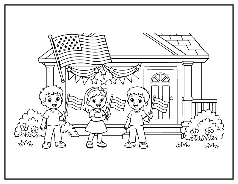 Kids with Flags on the Front Porch coloring page – printable black and white line art