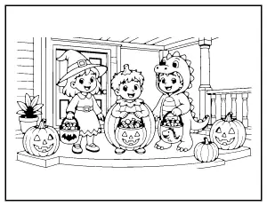 Kids in Halloween Costumes coloring page – printable line art