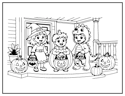 Kids in Halloween Costumes coloring page – printable line art