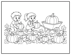 Kids Picking Pumpkins coloring page – printable line art