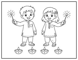 Kids with Sparklers coloring page – printable line art